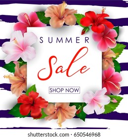 Vector illustration of Summer sale background with tropical flowers