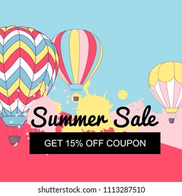 Vector illustration, Summer Sale banner design with retro hot air balloons. 