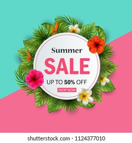 Vector illustration Of Summer sale banner with tropical flowers and leaves for promotion