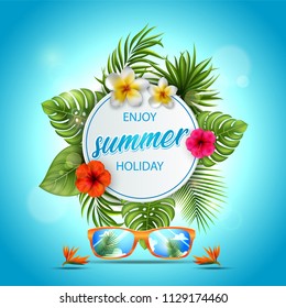 Vector illustration of Summer sale banner with tropical flowers and leaves for promotion