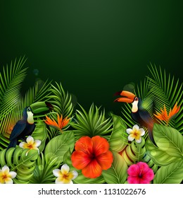 Vector illustration of Summer sale banner with tropical flowers and leaves. Toucan and Exotic Leaves on Nature Green Background