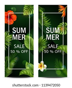 Vector illustration of Summer sale banner with tropical flowers and leaves for promotion