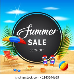 Vector illustration of Summer sale banner with tropical flowers and leaves for promotion