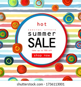vector illustration of summer sale banner with hand lettering text surrounded with hibiscus flower and tropical leaves - monstera , palm, aralia on watercolor striped background.