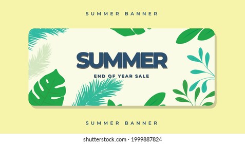 Vector illustration - Summer sale banner with green tropic leaves on cream background.