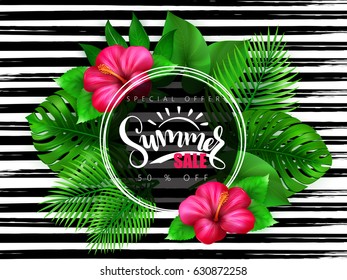 vector illustration of summer sale banner with hand lettering text surrounded with hibiscus flower and tropical leaves - monstera , palm, aralia on watercolor striped background.