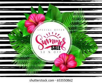 vector illustration of summer sale banner with hand lettering text surrounded with hibiscus flower and tropical leaves - monstera , palm, aralia on watercolor striped background.