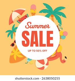 Vector illustration for summer sale featuring colorful layout with tropical leaves, fruits, and beach elements. Ideal for promotions, flyers, and seasonal marketing campaigns.