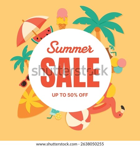 Vector illustration for summer sale featuring colorful layout with tropical leaves, fruits, and beach elements. Ideal for promotions, flyers, and seasonal marketing campaigns.