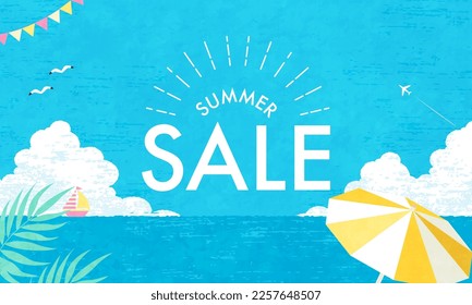 Vector illustration of summer sale. Sea and blue sky beach.