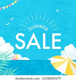 Vector illustration of summer sale. Sea and blue sky beach.