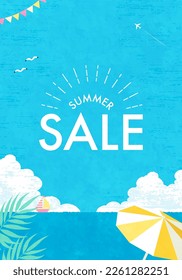 Vector illustration of summer sale. Sea and blue sky beach.