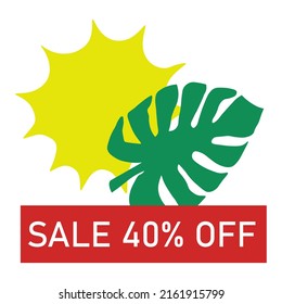 Vector illustration of summer sale, solar discounts. Sun and palm leaf 40% off