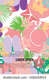 Vector illustration for summer sale. Top view on the summer decoration, hat, tropical sheet, starfish, flip flops. The concept of seasonal vacations in a tropical country.