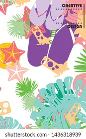 Vector illustration for summer sale. Top view on the summer decoration, hat, tropical sheet, starfish, flip flops. The concept of seasonal vacations in a tropical country.
