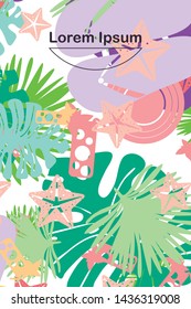 Vector illustration for summer sale. Top view on the summer decoration, hat, tropical sheet, starfish, flip flops. The concept of seasonal vacations in a tropical country.