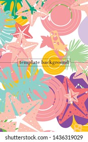 Vector illustration for summer sale. Top view on the summer decoration, hat, tropical sheet, starfish, flip flops. The concept of seasonal vacations in a tropical country.