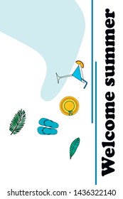 Vector illustration for summer sale. Top view on the summer decoration, hat, tropical sheet, starfish, flip flops. The concept of seasonal vacations in a tropical country.