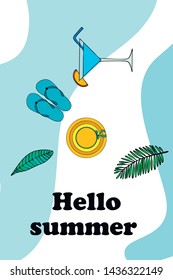 Vector illustration for summer sale. Top view on the summer decoration, hat, tropical sheet, starfish, flip flops. The concept of seasonal vacations in a tropical country.