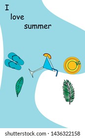 Vector illustration for summer sale. Top view on the summer decoration, hat, tropical sheet, starfish, flip flops. The concept of seasonal vacations in a tropical country.