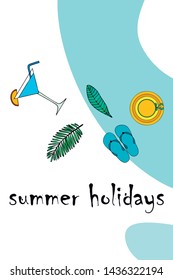 Vector illustration for summer sale. Top view on the summer decoration, hat, tropical sheet, starfish, flip flops. The concept of seasonal vacations in a tropical country.
