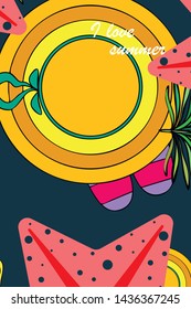 Vector illustration for summer sale. Top view on the summer decoration, hat, tropical sheet, starfish, flip flops. The concept of seasonal vacations in a tropical country.