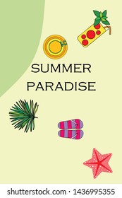 Vector illustration for summer sale. Top view on the summer decoration, hat, tropical sheet, starfish, flip flops. The concept of seasonal vacations in a tropical country.
