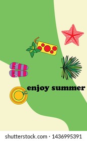 Vector illustration for summer sale. Top view on the summer decoration, hat, tropical sheet, starfish, flip flops. The concept of seasonal vacations in a tropical country.