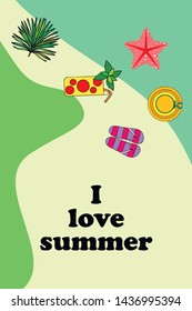 Vector illustration for summer sale. Top view on the summer decoration, hat, tropical sheet, starfish, flip flops. The concept of seasonal vacations in a tropical country.
