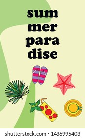 Vector illustration for summer sale. Top view on the summer decoration, hat, tropical sheet, starfish, flip flops. The concept of seasonal vacations in a tropical country.