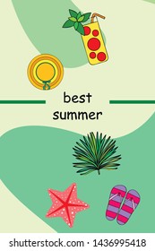 Vector illustration for summer sale. Top view on the summer decoration, hat, tropical sheet, starfish, flip flops. The concept of seasonal vacations in a tropical country.