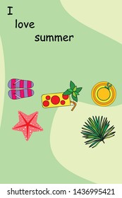 Vector illustration for summer sale. Top view on the summer decoration, hat, tropical sheet, starfish, flip flops. The concept of seasonal vacations in a tropical country.