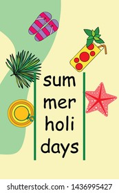 Vector illustration for summer sale. Top view on the summer decoration, hat, tropical sheet, starfish, flip flops. The concept of seasonal vacations in a tropical country.