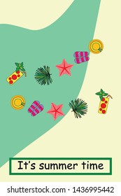 Vector illustration for summer sale. Top view on the summer decoration, hat, tropical sheet, starfish, flip flops. The concept of seasonal vacations in a tropical country.