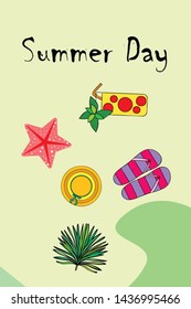 Vector illustration for summer sale. Top view on the summer decoration, hat, tropical sheet, starfish, flip flops. The concept of seasonal vacations in a tropical country.
