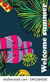 Vector illustration for summer sale. Top view on the summer decoration, hat, tropical sheet, starfish, flip flops. The concept of seasonal vacations in a tropical country.
