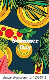 Vector illustration for summer sale. Top view on the summer decoration, hat, tropical sheet, starfish, flip flops. The concept of seasonal vacations in a tropical country.