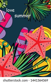 Vector illustration for summer sale. Top view on the summer decoration, hat, tropical sheet, starfish, flip flops. The concept of seasonal vacations in a tropical country.