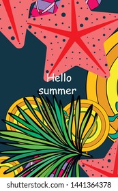 Vector illustration for summer sale. Top view on the summer decoration, hat, tropical sheet, starfish, flip flops. The concept of seasonal vacations in a tropical country.
