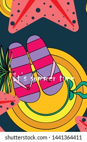 Vector illustration for summer sale. Top view on the summer decoration, hat, tropical sheet, starfish, flip flops. The concept of seasonal vacations in a tropical country.