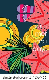 Vector illustration for summer sale. Top view on the summer decoration, hat, tropical sheet, starfish, flip flops. The concept of seasonal vacations in a tropical country.
