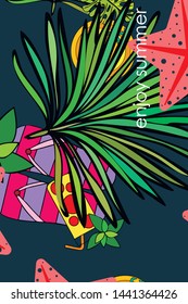Vector illustration for summer sale. Top view on the summer decoration, hat, tropical sheet, starfish, flip flops. The concept of seasonal vacations in a tropical country.