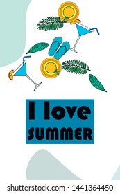 Vector illustration for summer sale. Top view on the summer decoration, hat, tropical sheet, starfish, flip flops. The concept of seasonal vacations in a tropical country.