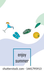 Vector illustration for summer sale. Top view on the summer decoration, hat, tropical sheet, starfish, flip flops. The concept of seasonal vacations in a tropical country.