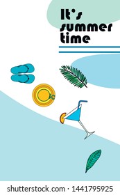 Vector illustration for summer sale. Top view on the summer decoration, hat, tropical sheet, starfish, flip flops. The concept of seasonal vacations in a tropical country.