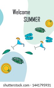 Vector illustration for summer sale. Top view on the summer decoration, hat, tropical sheet, starfish, flip flops. The concept of seasonal vacations in a tropical country.