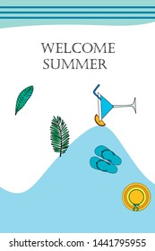 Vector illustration for summer sale. Top view on the summer decoration, hat, tropical sheet, starfish, flip flops. The concept of seasonal vacations in a tropical country.