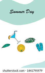 Vector illustration for summer sale. Top view on the summer decoration, hat, tropical sheet, starfish, flip flops. The concept of seasonal vacations in a tropical country.