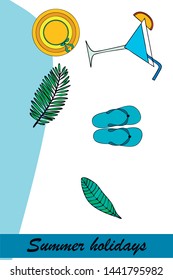 Vector illustration for summer sale. Top view on the summer decoration, hat, tropical sheet, starfish, flip flops. The concept of seasonal vacations in a tropical country.