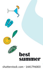Vector illustration for summer sale. Top view on the summer decoration, hat, tropical sheet, starfish, flip flops. The concept of seasonal vacations in a tropical country.